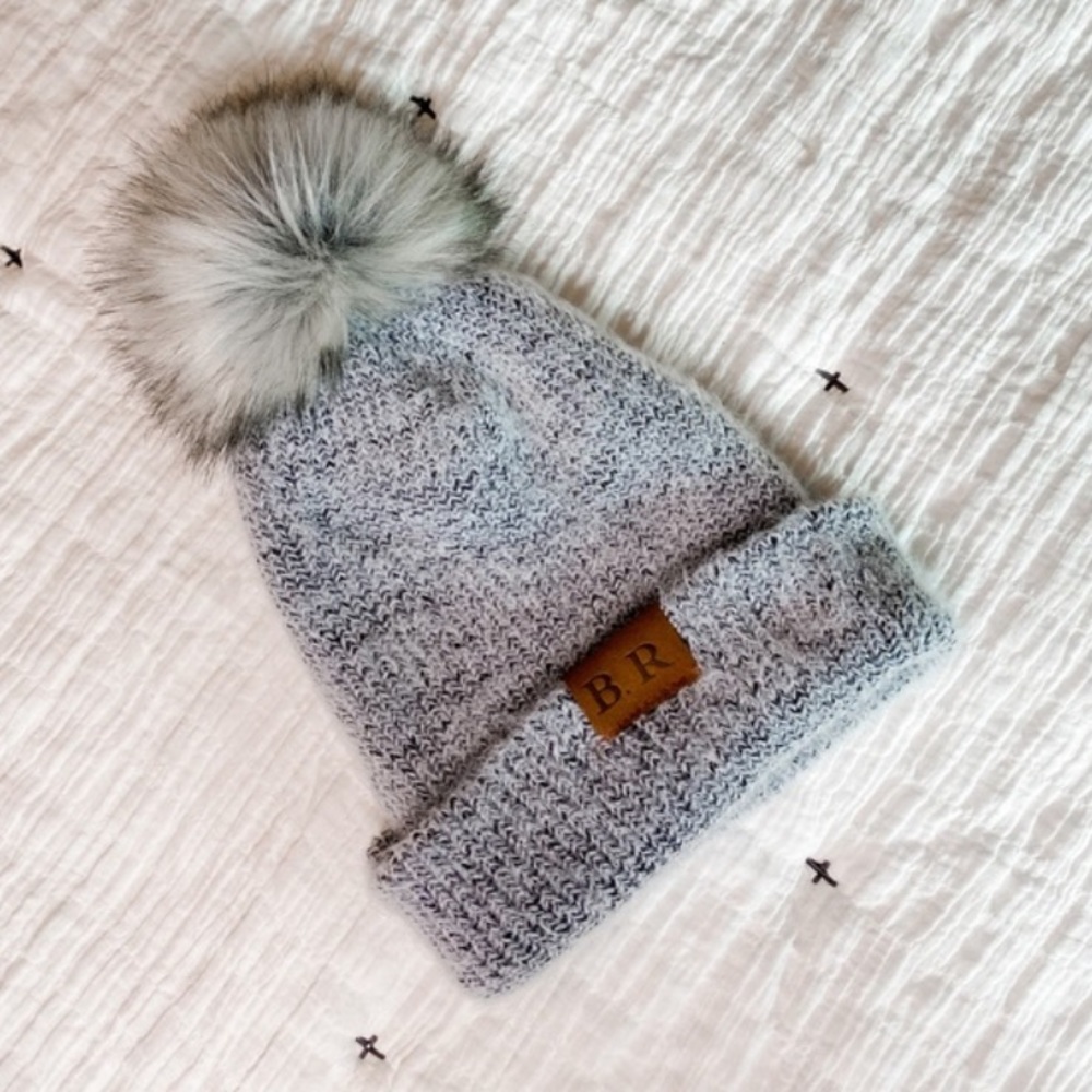 Blue Revival Knit Twist Pompom Beanie Grey marled OS large pommy top winter hat